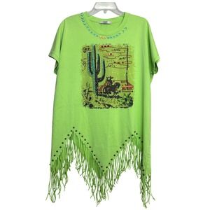 Delila Texas Western Fringe Top M Studded Cowgirl Rodeo Horse Cactus Graphic Tee